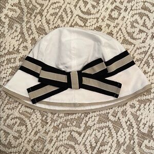 White Bucket Hat with Black and Taupe Ribbon Bow